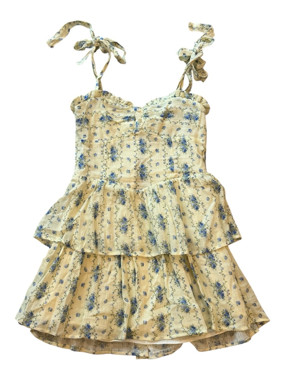Katie J NYC Yellow Floral Tiered Sundress with Blue Flowers